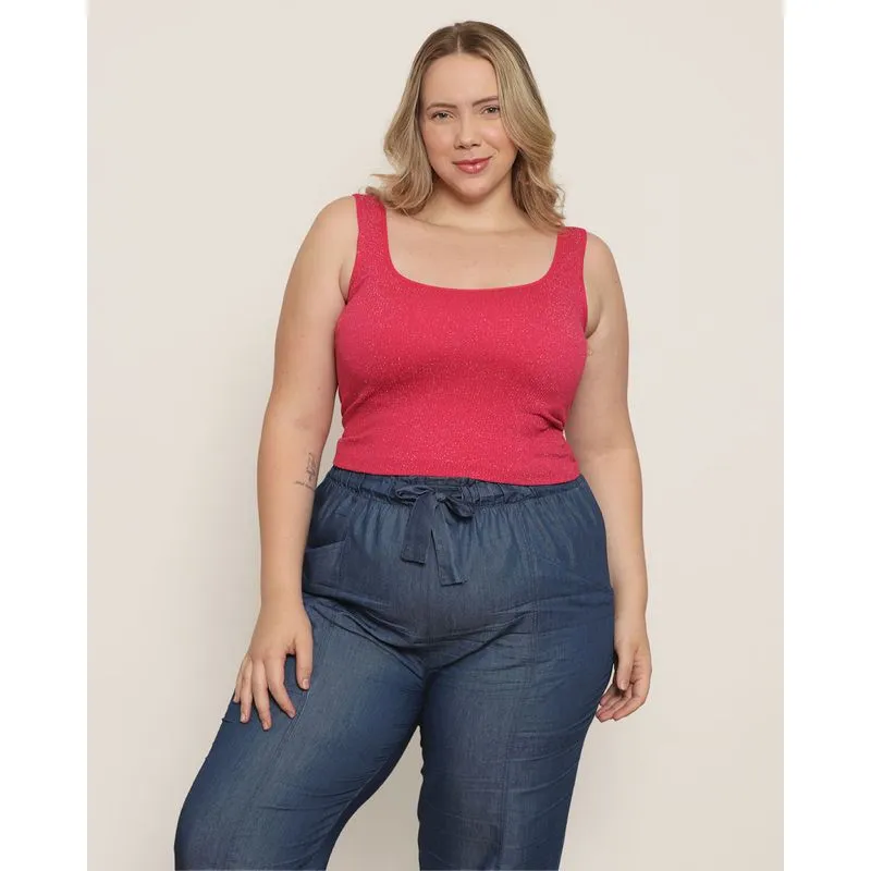 Regata Plus Size Feminina Cropped Com Lurex Rosa G2