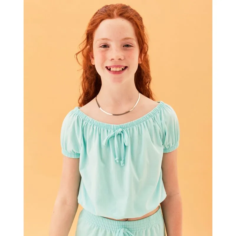 Blusa Juvenil Cropped Manga Curta Com Lastex Azul 10