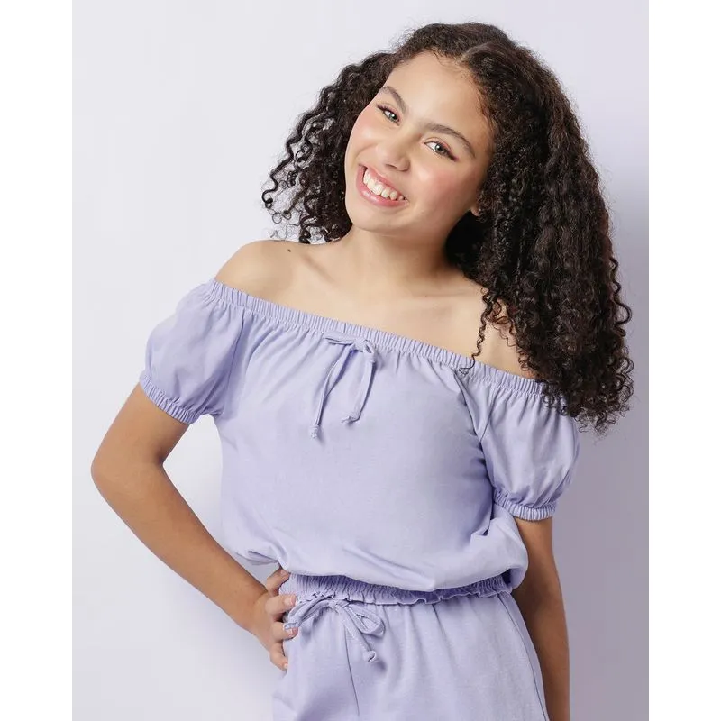 Blusa Juvenil Cropped Ciganinha Manga Curta Com Lastex Lilás 12