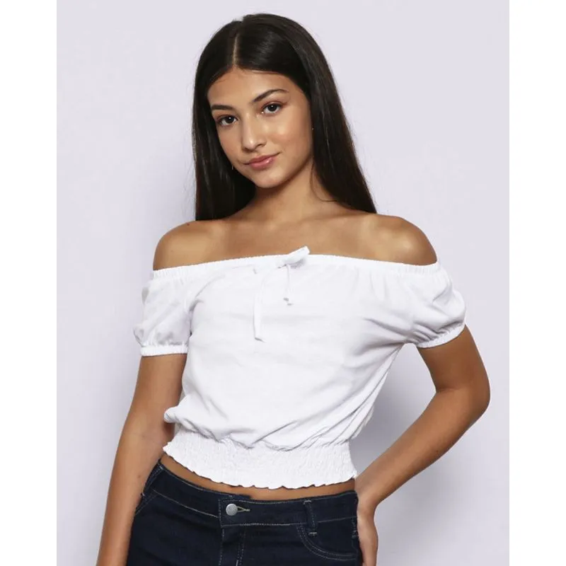 Blusa Juvenil Cropped Manga Curta Com Lastex Branca 16