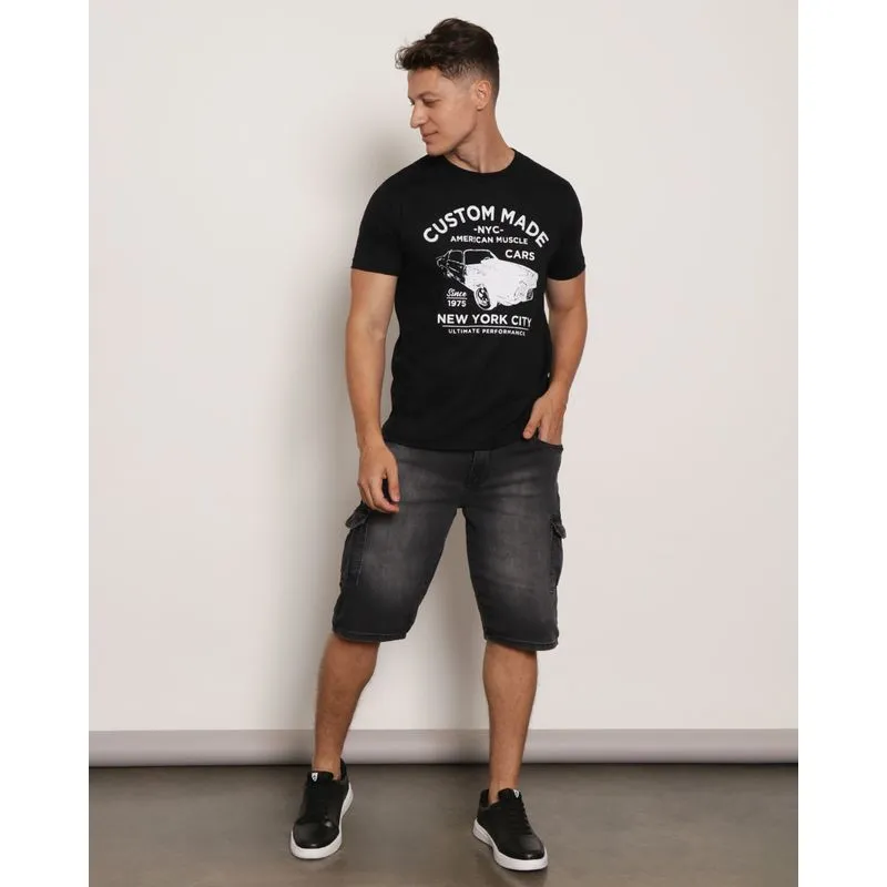 Bermuda Jeans Masculina Reta Com Bolso Cargo Preta 44