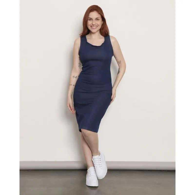 Vestido Jeans Feminino Alcinha Midi Azul 40