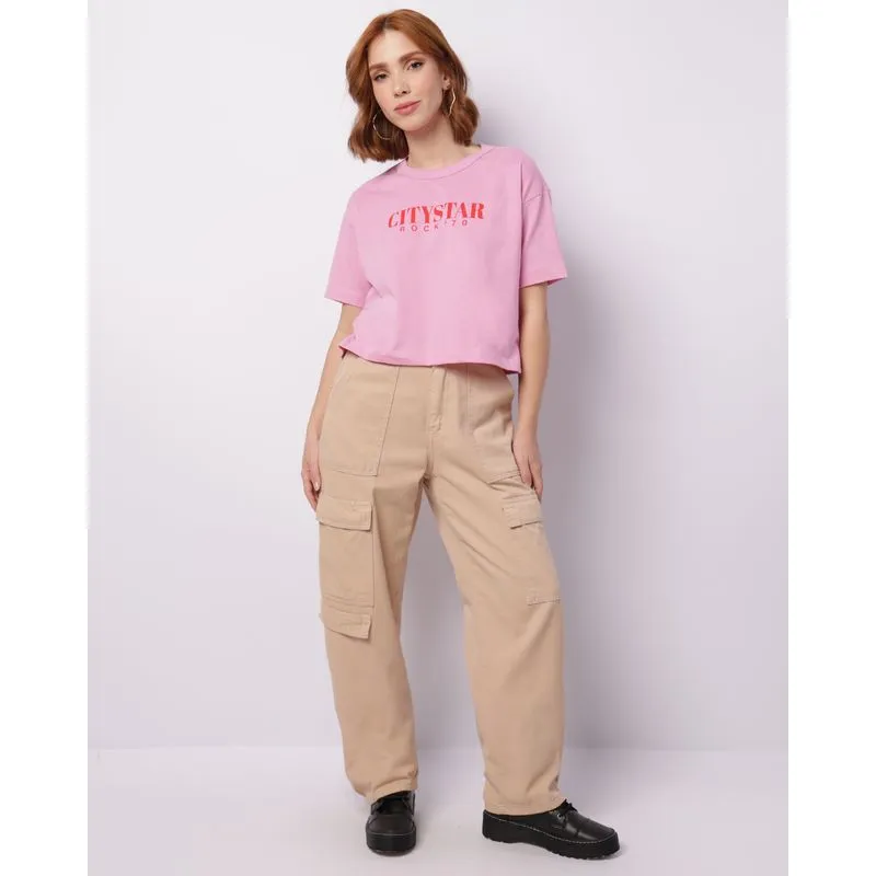 Calça Feminina Sarja Bolso Cargo Bege 40