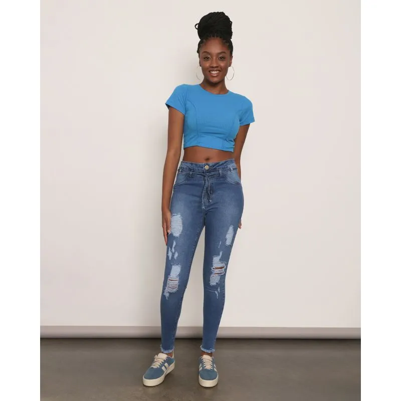 Calça Jeans Feminina Skinny Com Cordão Destroyed Azul 36