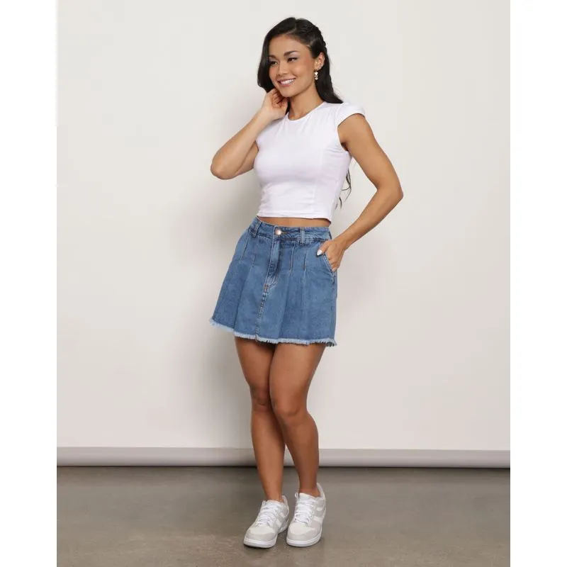 Short Saia Jeans Feminino Com Pregas Azul 38