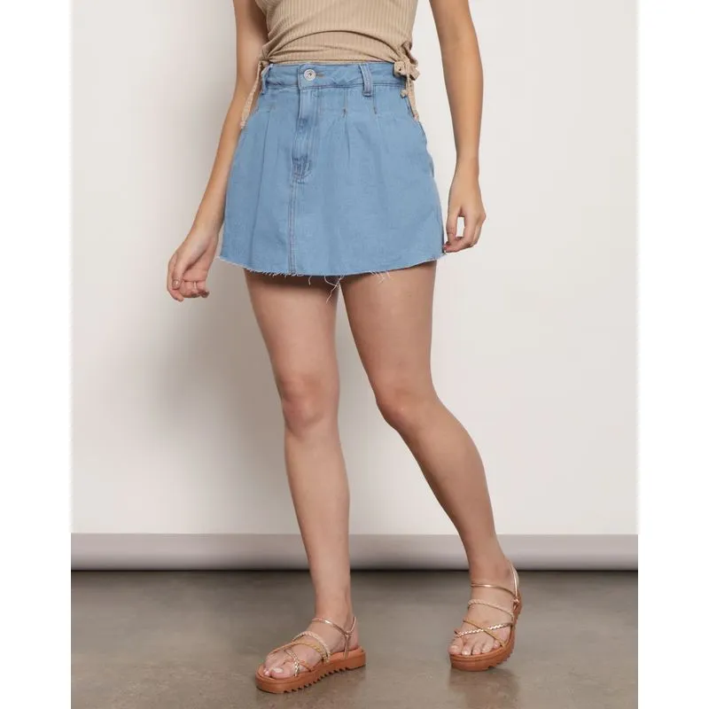 Short Saia Jeans Feminino Barra Desfiada Azul 40