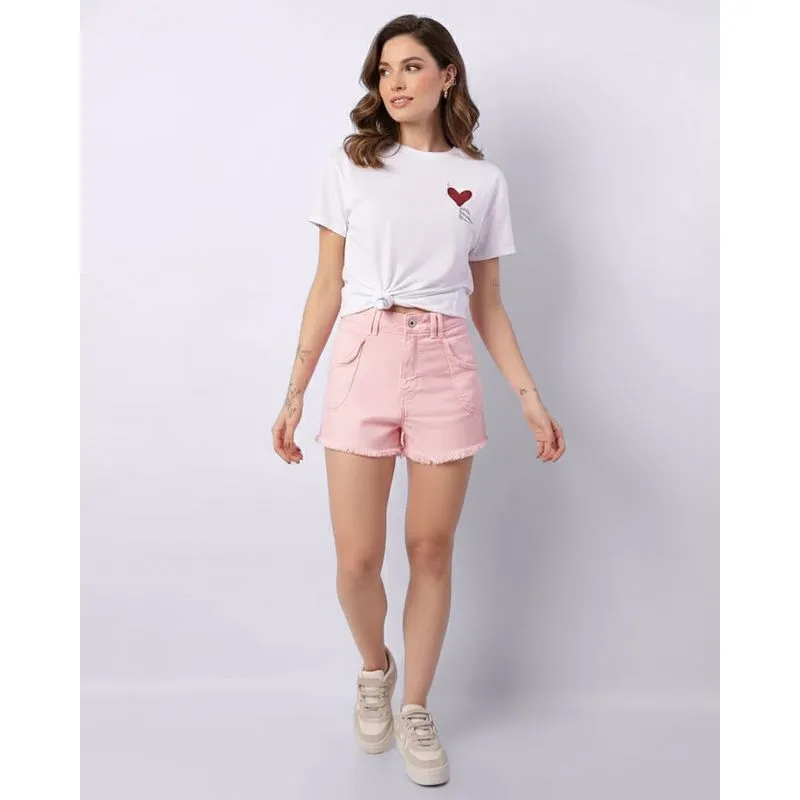 Short Feminino Sarja Curto Bolso Cargo Com Barra Desfiada Rosa 38