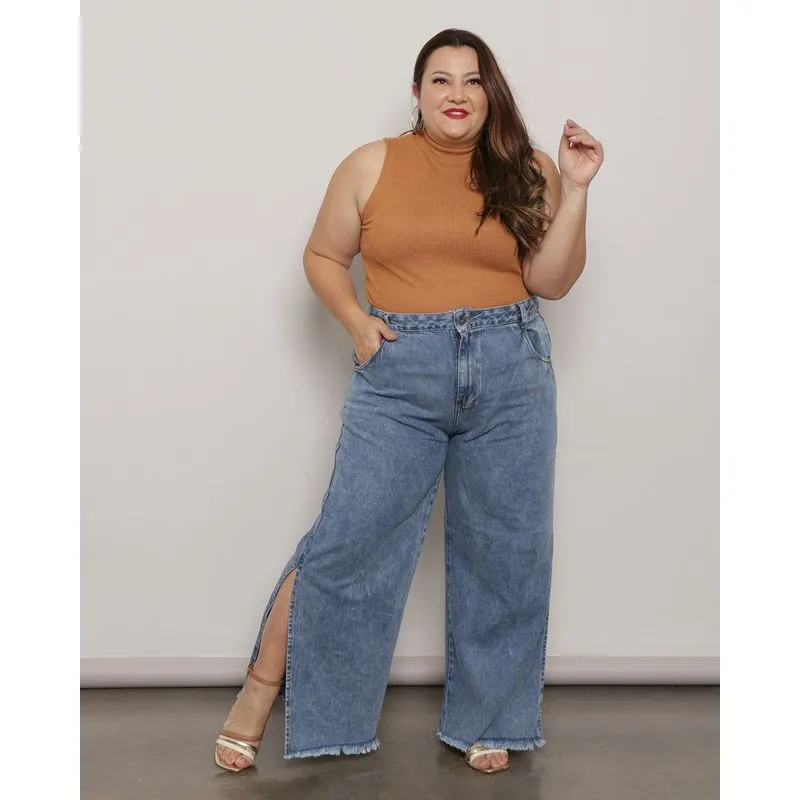 Calça Jeans Plus Size Feminina Wide Leg Fenda Azul 50