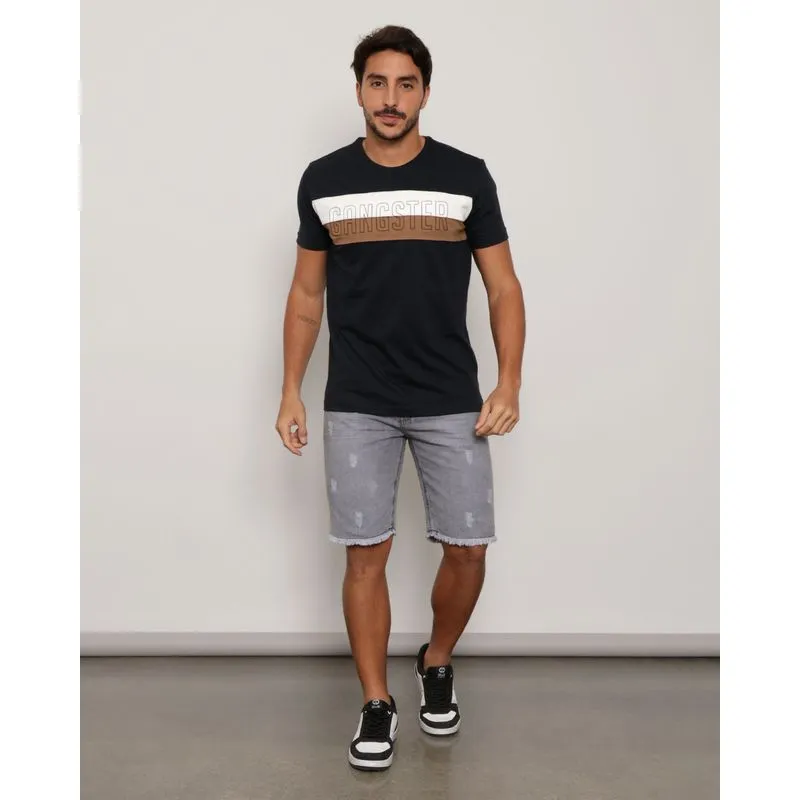 Bermuda Jeans Masculina Puídos Barra Desfiada Cinza UN