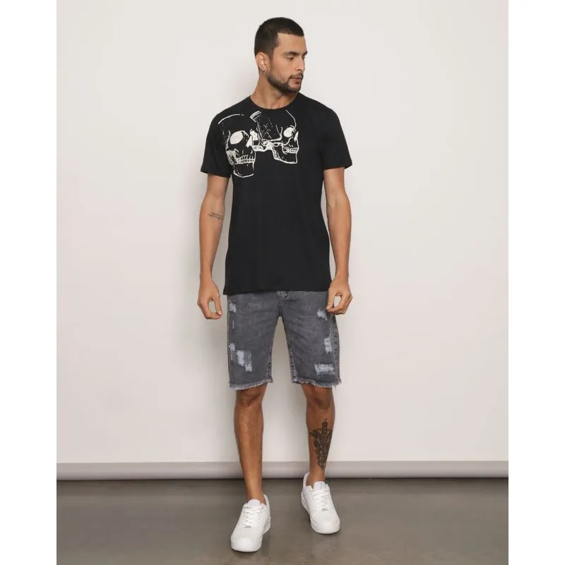 Bermuda Jeans Masculina Reta Com Destroyed Preta 42
