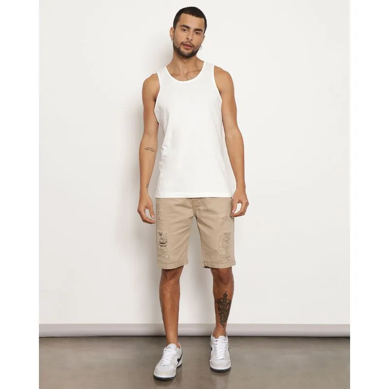 Bermuda Masculina Sarja Reta Com Destroyed Bege 42