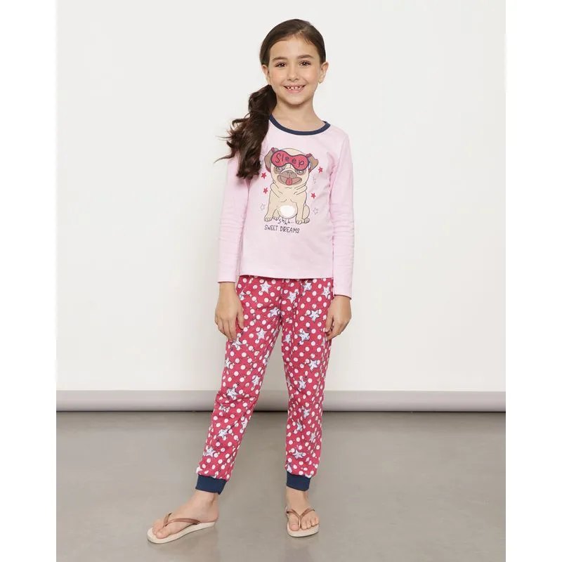 Pijama Infantil Longo Estampa Cachorro Vermelho e Rosa 4