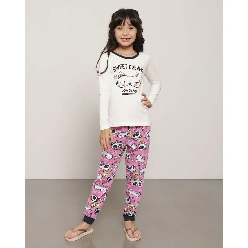 Pijama Infantil Com Estampa Gatinho Off White 6