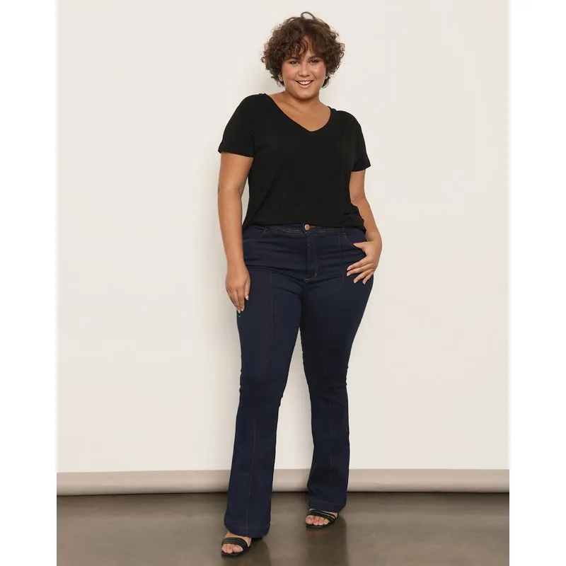 Calça Jeans Plus Size Feminina Flare Frisos Com Bolsos Azul 52