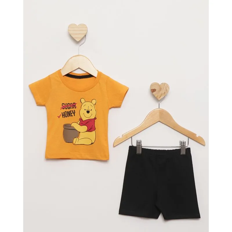 Conjunto Moletinho Bebê Disney Estampa Pooh Curto Mostarda P