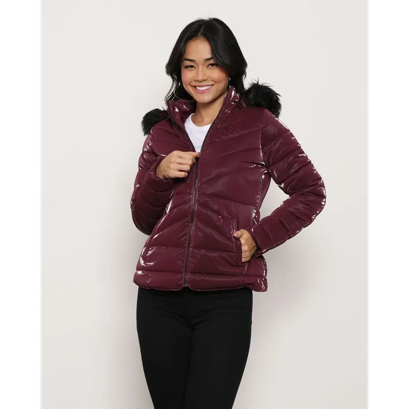 Jaqueta Feminina Puffer Com Capuz Removível Holográfica Vinho M