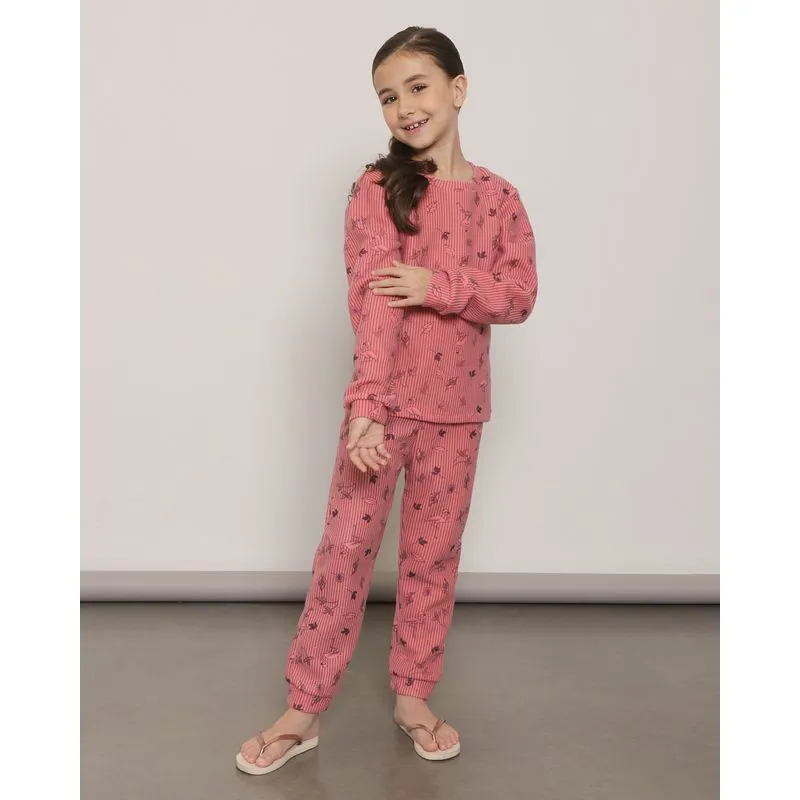 Pijama Infantil Longo Soft Estampado Folhagens e Flamingo Rosa 8