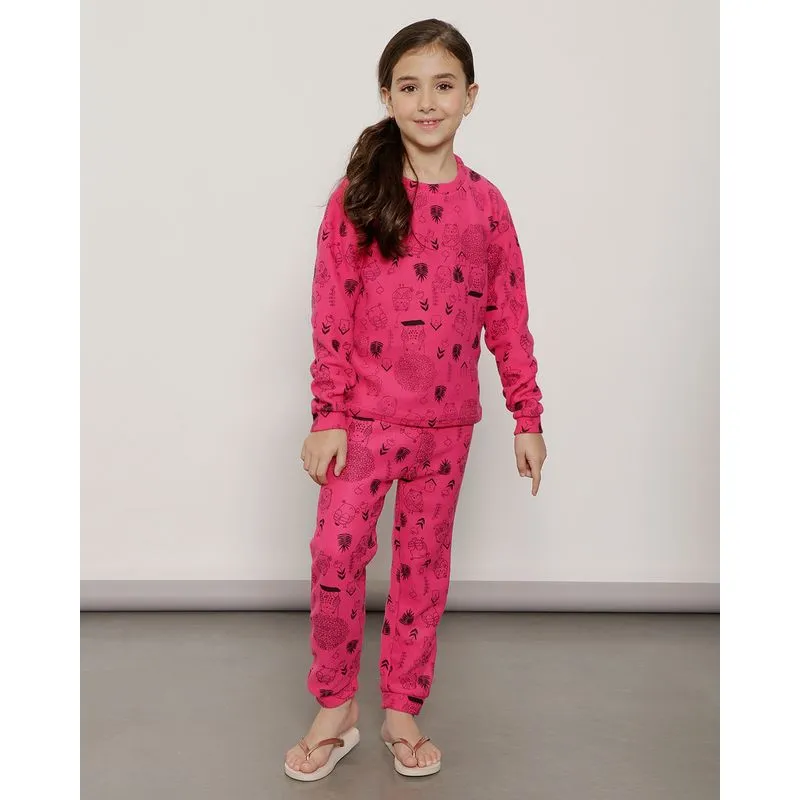 Pijama Infantil Longo Soft Estampado Flores e Corujinhas Rosa 4