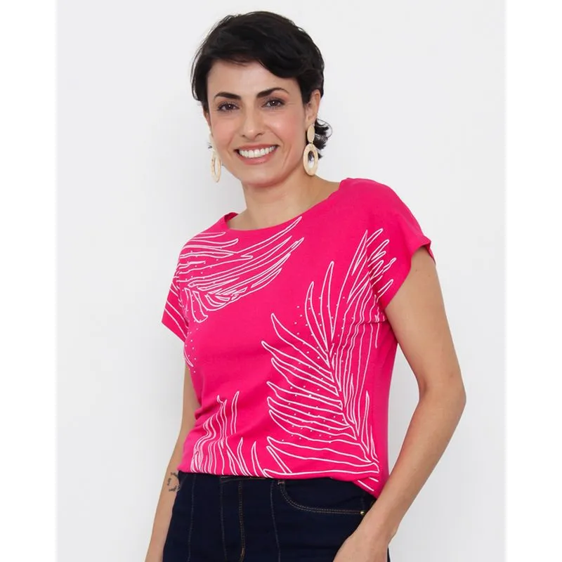Blusa Feminina Manga Japonesa Estampada com Strass Rosa G
