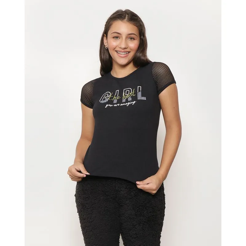 Blusa Juvenil Tela Estampa Manga Curta Preta 12