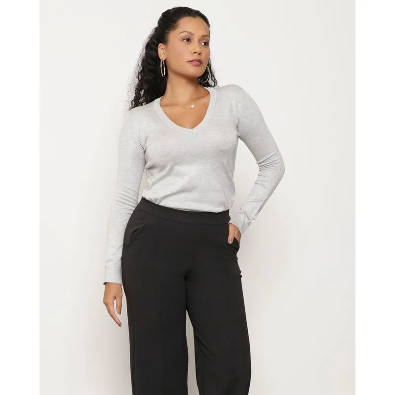 Suéter Feminino Tricô Decote V Cinza P