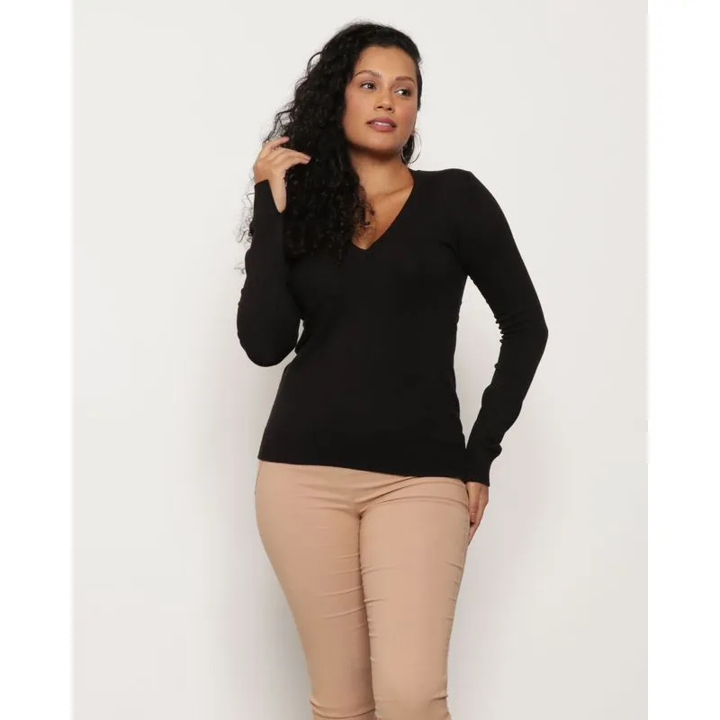 Suéter Feminino Tricô Decote V Preto P