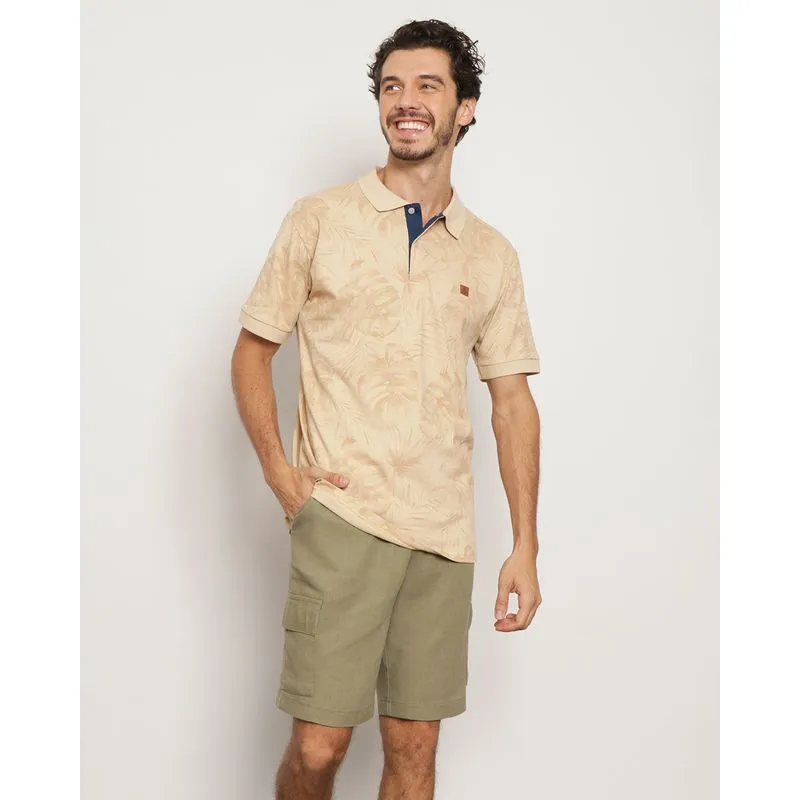 Polo Masculino Manga Curta Estampada Folhas Bege P