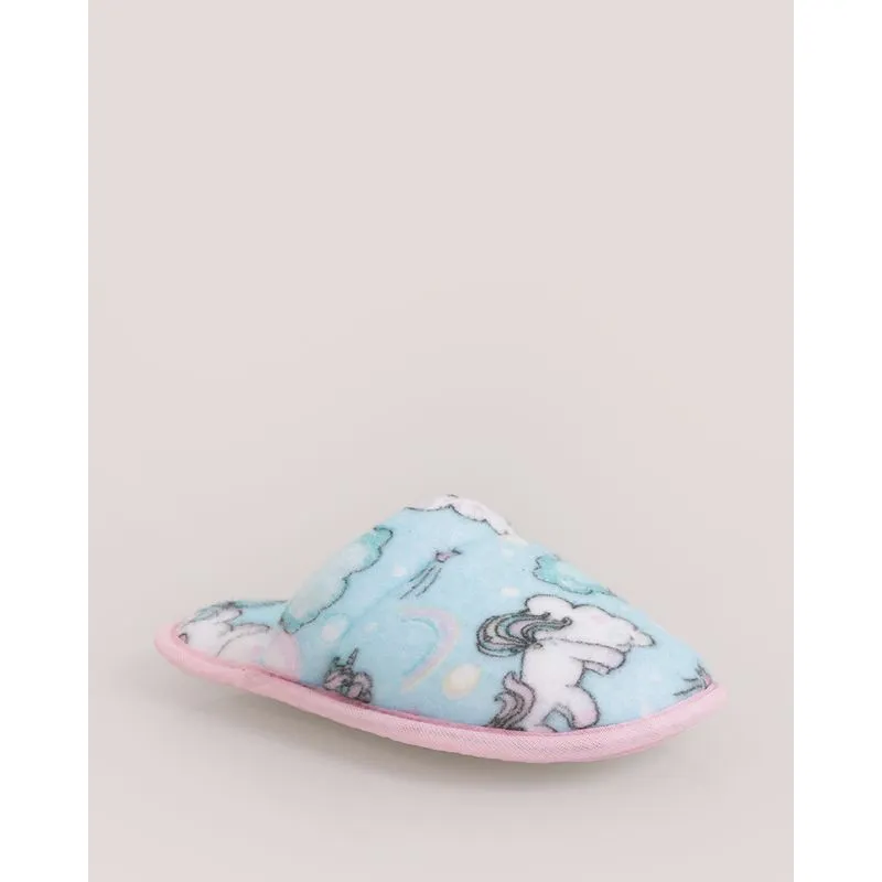Pantufa Infantil Pelúcia Estampada Unicórnio Azul 31/32