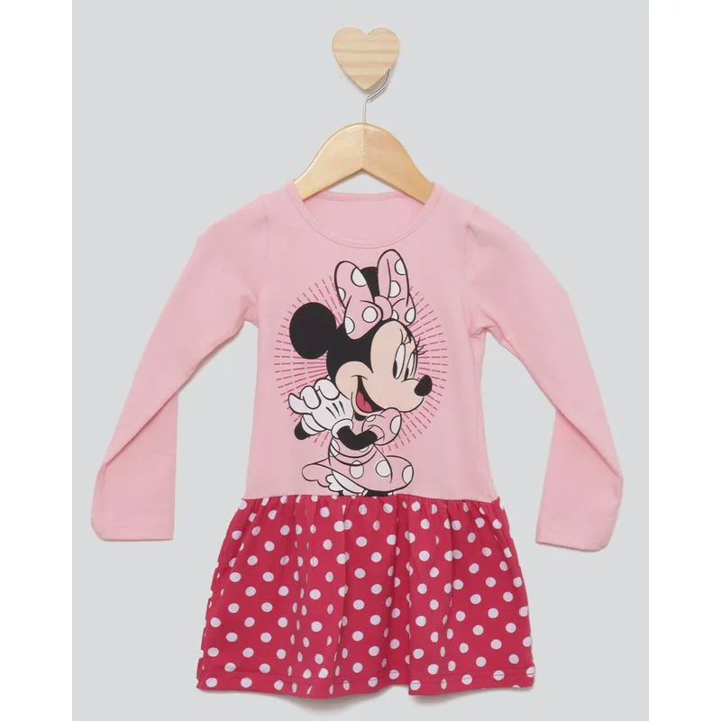 Vestido Bebê Manga Longa Disney Estampa Minnie Rosa 1