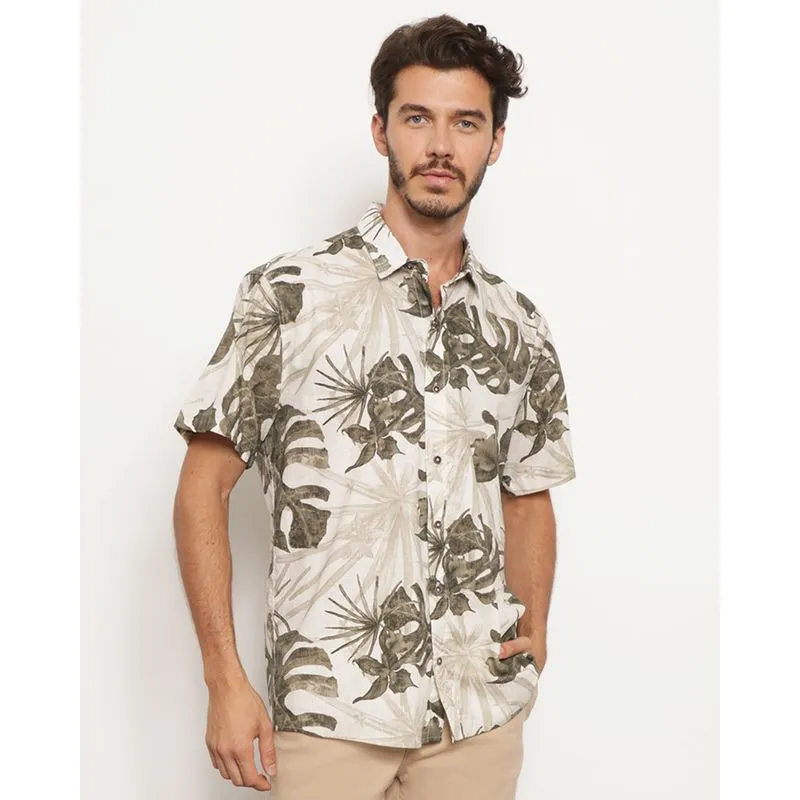 Camisa Masculina Manga Curta Estampa Folhagem Verde 1
