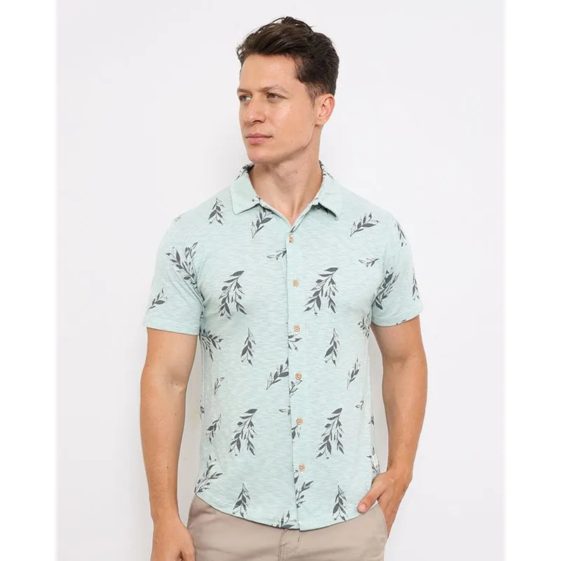 Camisa Masculina Manga Curta com Botões Estampada Folhagens Verde G