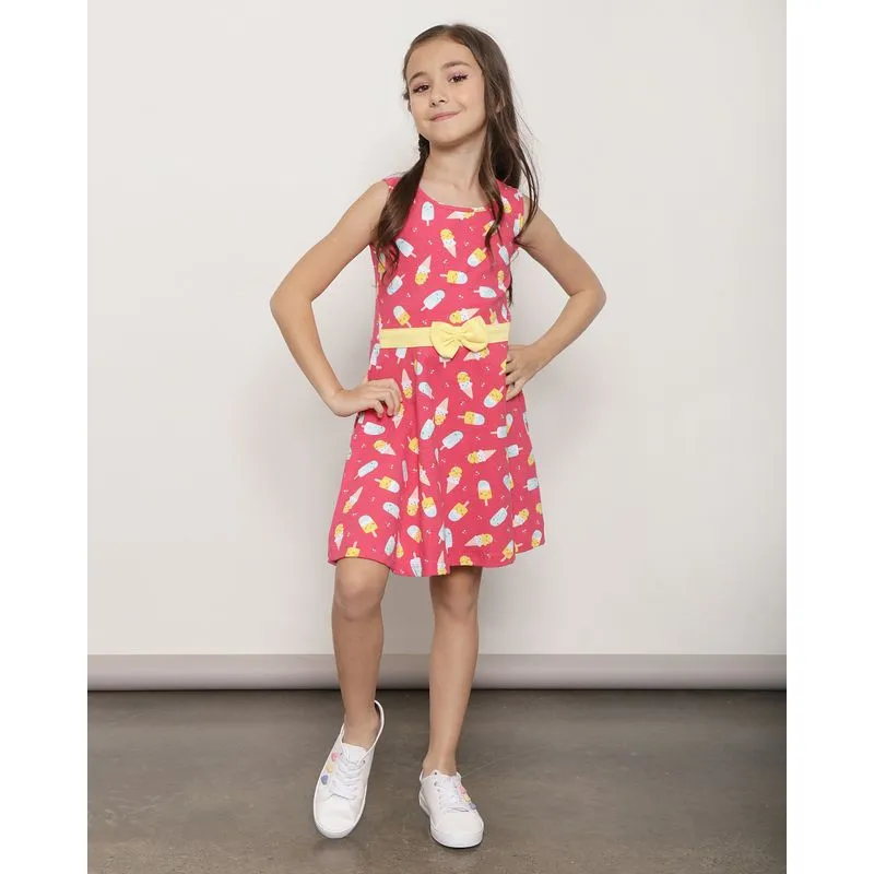 Vestido Infantil Manga Curta Faixa Decorativa Estampado Vermelho 10