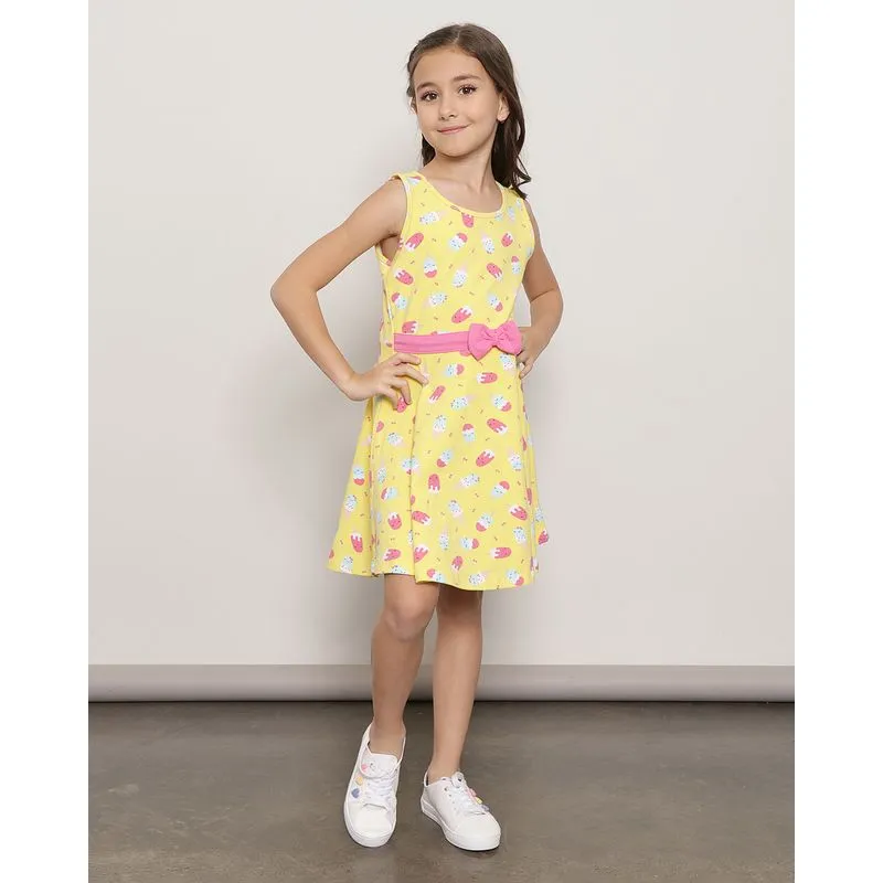 Vestido Infantil Manga Curta Faixa Decorativa Estampado Amarelo 8