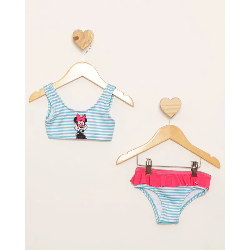 Biquíni Bebê Listrado Minnie Com Babado Azul 2