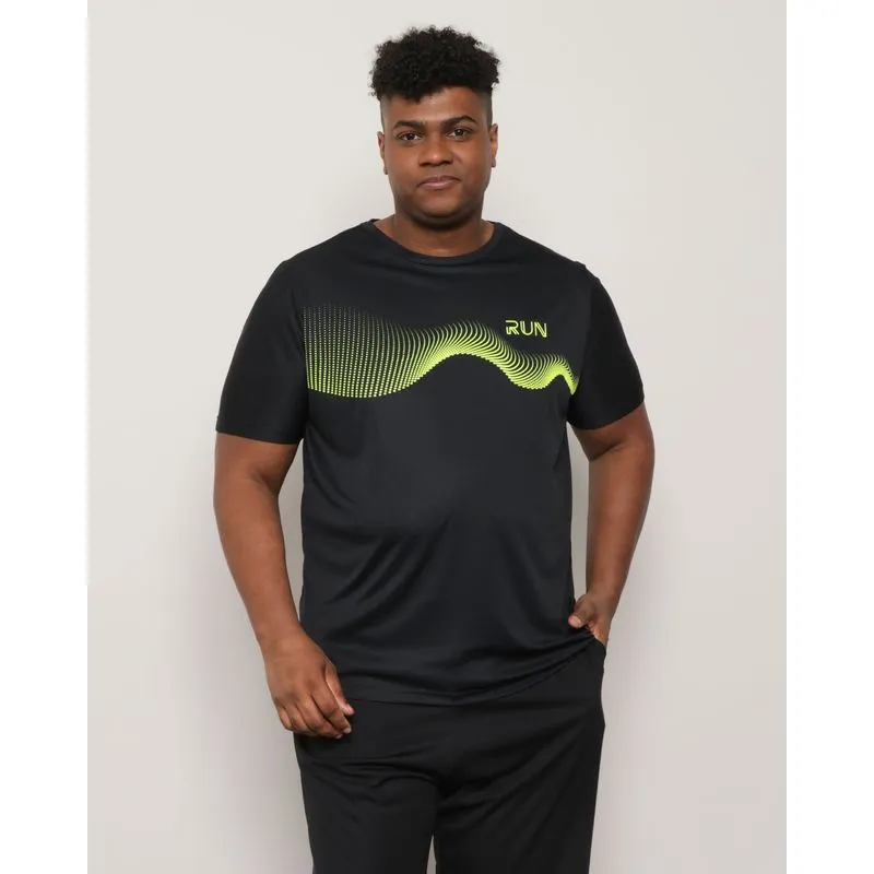 Camiseta Plus Size Masculina Esportiva Manga Curta Estampa Neon Preta G2