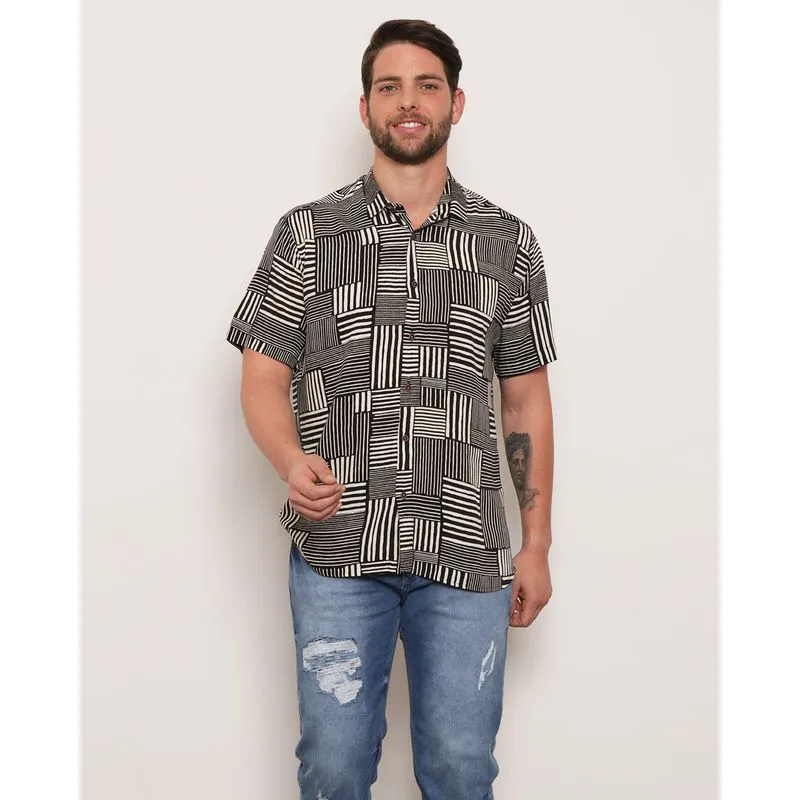 Camisa Masculina Casual Viscose Estampada Com Listras Preta 3