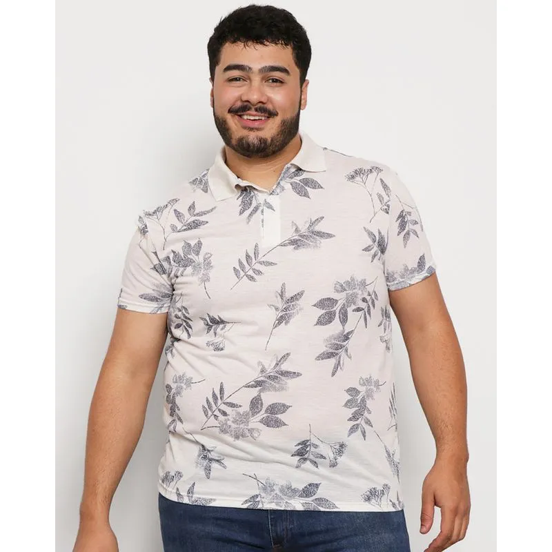 Polo Plus Size Masculina Manga Curta Estampa Folhagens Off White G2