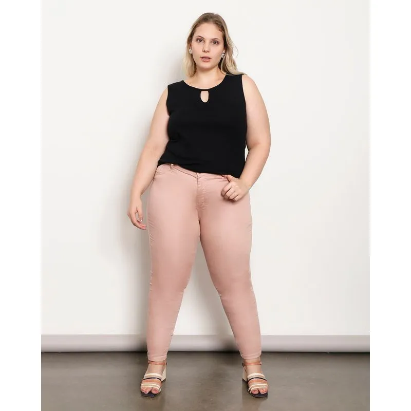 Calça Plus Size Feminina Sarja Skinny Rosa 46