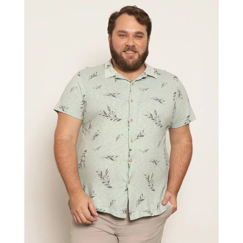 Camisa Plus Size Masculina Estampada Folhas Manga Curta Botão Frontal Verde Claro G1