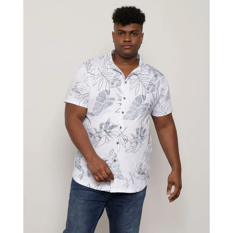 Camisa Plus Size Masculina Manga Curta Estampada Folhagem Branca G3
