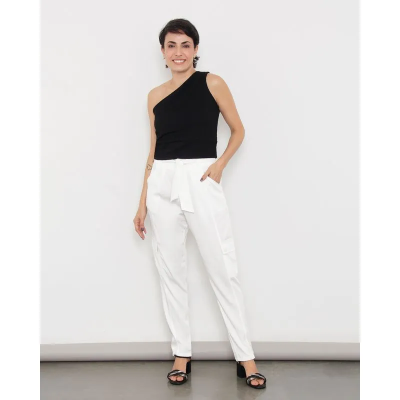 Calça Feminina Sarja Bolso Cargo Faixa De Amarração Branca P