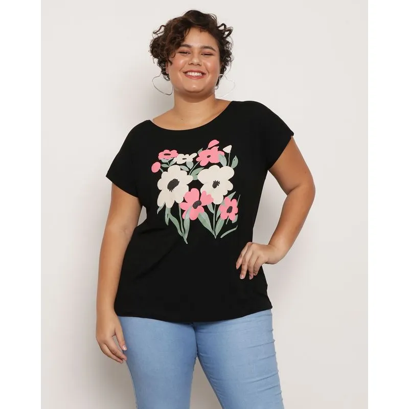 Blusa Plus Size Feminina Estampa Manga Curta Preta G3