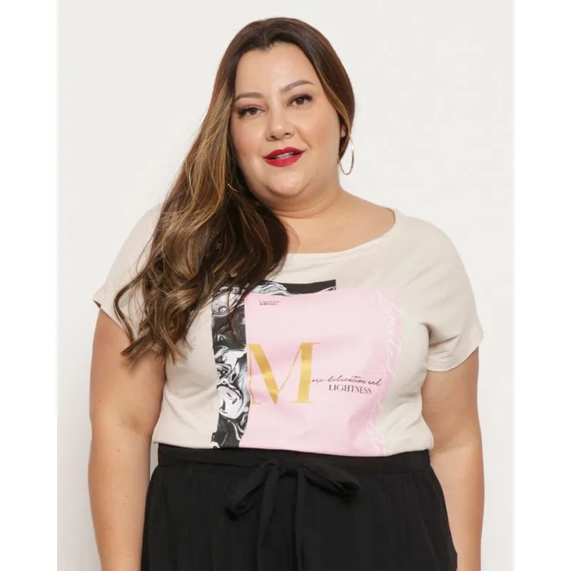 Blusa Plus Size Feminina Estampa Manga Curta Bege G3