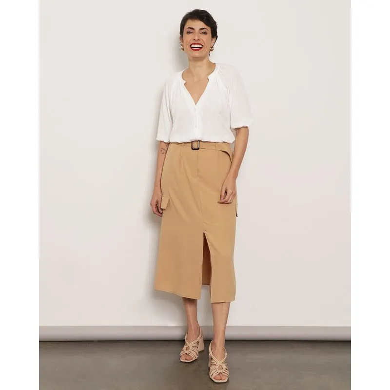 Saia Feminina Berry & Co. Midi Com Cinto e Fenda Bege M