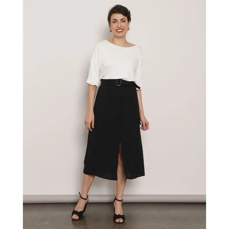 Saia Feminina Berry & Co. Midi Com Cinto e Fenda Preta P