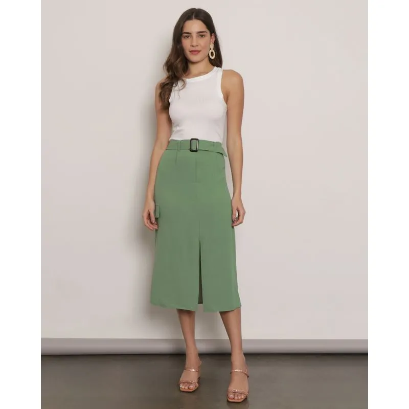 Saia Feminina Berry & Co. Midi com Cinto e Fenda Verde M