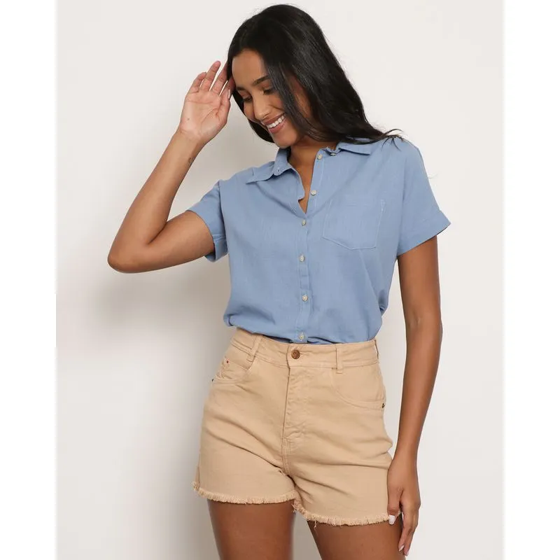 Camisa Feminina Berry & Co. Manga Curta Cropped Azul M