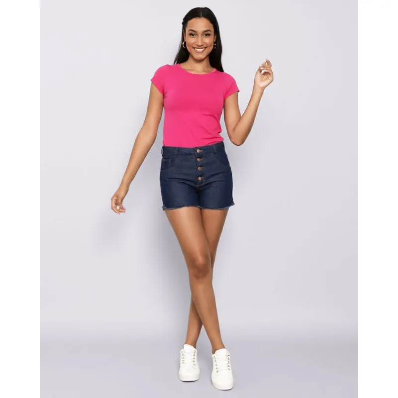 Short Jeans Feminino Com Botões E Barra Desfiada Azul Escuro 40