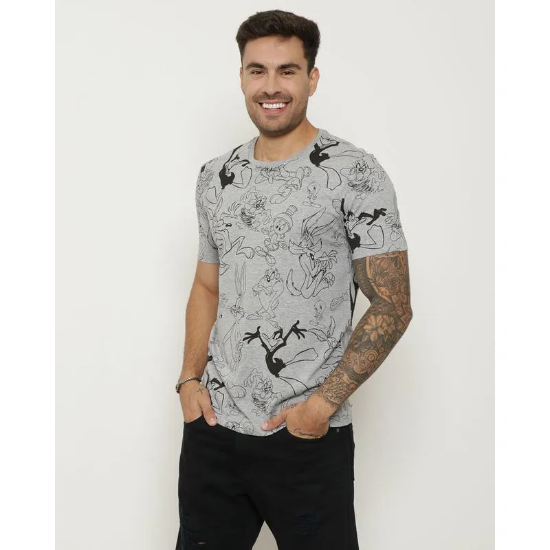 Camiseta Masculina Estampada Looney Tunes Cinza GG