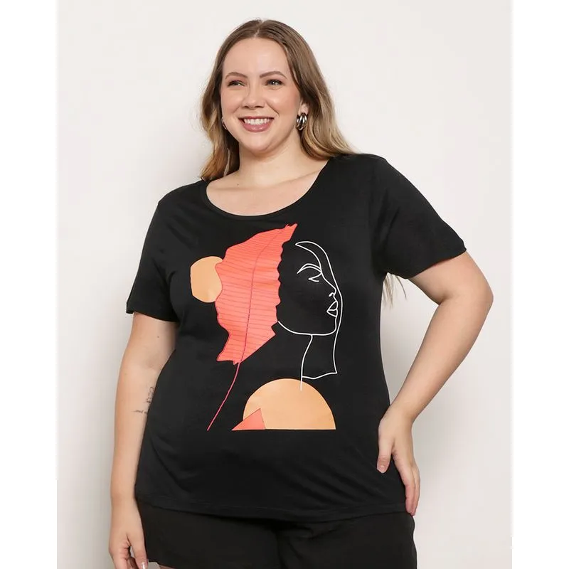 Blusa Plus Size Feminina Estampa Perfil Mulher Manga Curta Preta G2